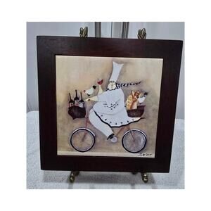 Jennifer Garant “Fat Chef on Bicycle” Framed Ceramic Tile Trivet / Wall Hanging